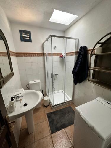 a bathroom with a shower and a sink and a toilet at SONRYE Graciosa in Caleta de Sebo