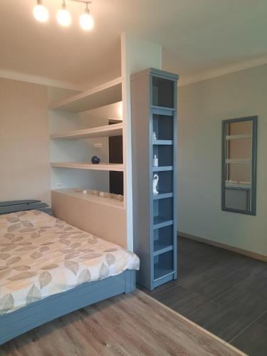 a bedroom with a bed and a book shelf at Studio Apartment in Rēzekne