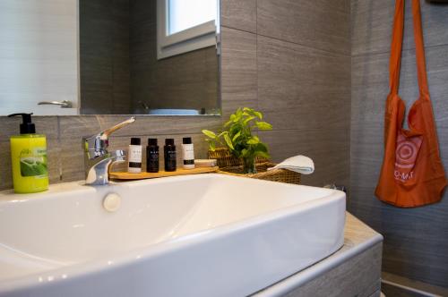 a bathroom with a white sink and a mirror at Argiro Studios in Skala Rachoniou