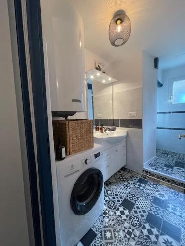 une salle de bain avec un lavabo et une machine à laver dans l'établissement Le Charly - Magnifique Appartement Hypercentre, à Pau