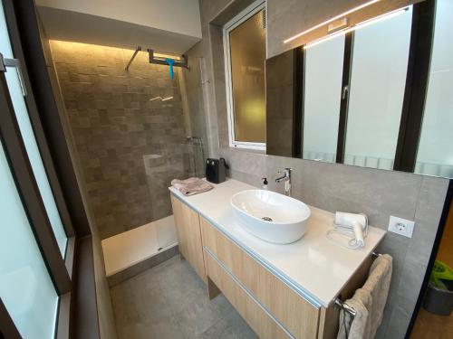 ein Bad mit einem Waschbecken und einem Spiegel in der Unterkunft Spatious luxe apartment Paseo de Gracia Diagonal in Barcelona