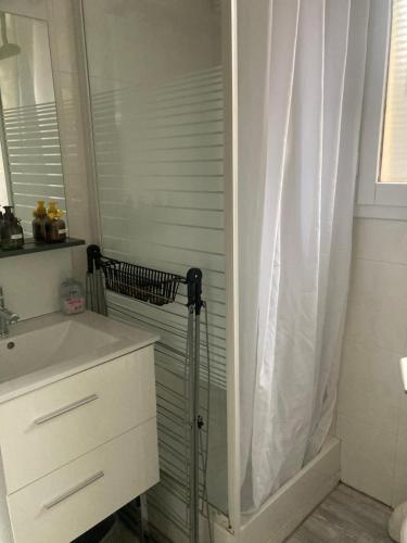 y baño con cortina de ducha y lavamanos. en Appartement duplex lumineux idéalement situé, en Arès