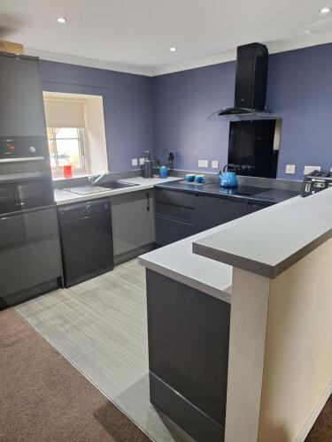 a large kitchen with black appliances and purple walls at sorn inn holiday apartments in Sorn