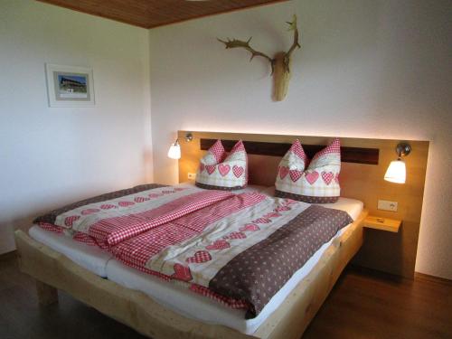 a bedroom with a bed with red and white pillows at Ferienhaus Schau ins Land - eigene Panorama-Sauna in Schöfweg