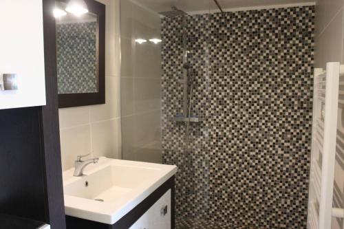 a bathroom with a sink and a shower at Belles prestations pour ce pavillon moderne avec piscine - 6CYC59 in Saint-Cyprien-Plage