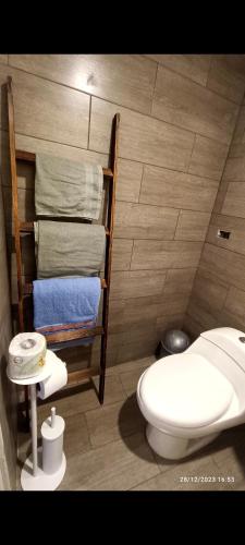 La salle de bains est pourvue de toilettes et de serviettes murales. dans l'établissement Habitación totalmente independiente con cocina, baño, balcón super espacioso, à Arequipa