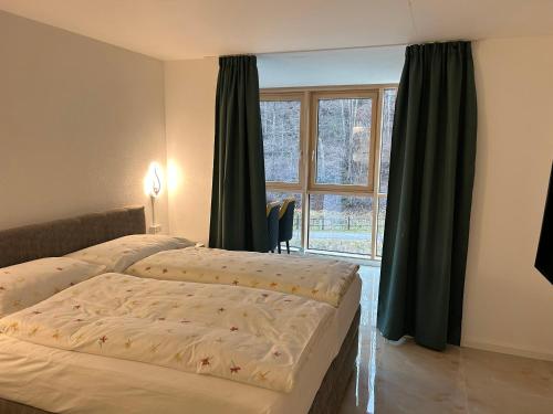 um quarto com 2 camas e uma janela em Crystal Vista em Zweisimmen