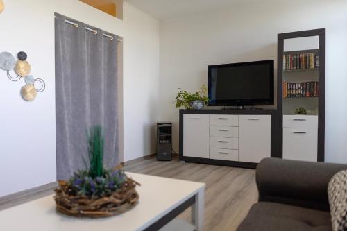 a living room with a tv and a couch and a table at Apartmán-Znojmo in Znojmo