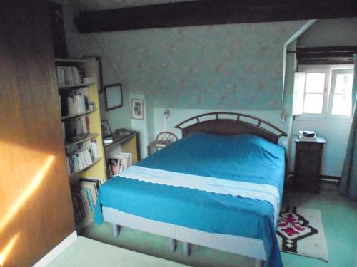 Un dormitorio con una cama azul y una ventana en MAISON PROCHE GARE TGV CHESSY ET VAIRES SUR MARNE, en Crèvecoeur-en Brie