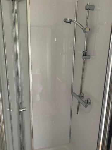 a shower with a glass door in a bathroom at Burren Garden Glamping Hut in Boston
