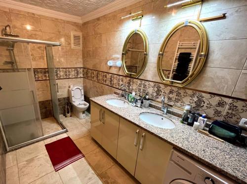 a bathroom with a sink and a shower and a toilet at Halic Apart Hotel in Yalova