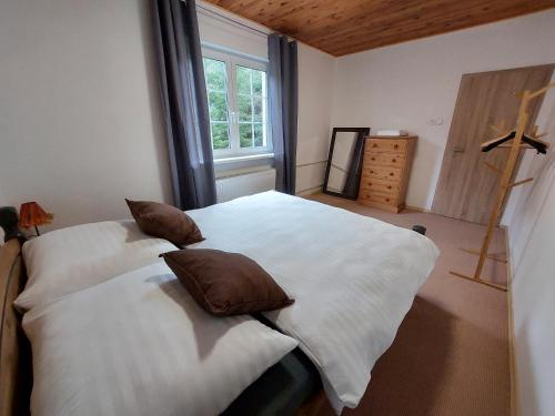 1 Schlafzimmer mit 2 Betten mit Kissen und einem Fenster in der Unterkunft Ski/Bike Villa Sapporo ⃰ ⃰ ⃰ in Kraslice