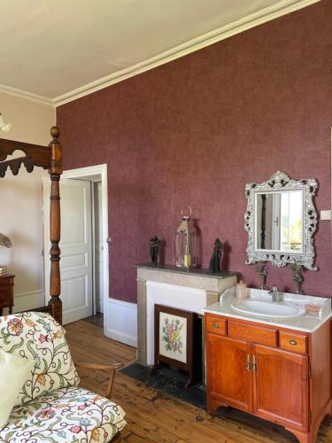 een badkamer met een wastafel en een open haard bij Le Château Giat in Giat