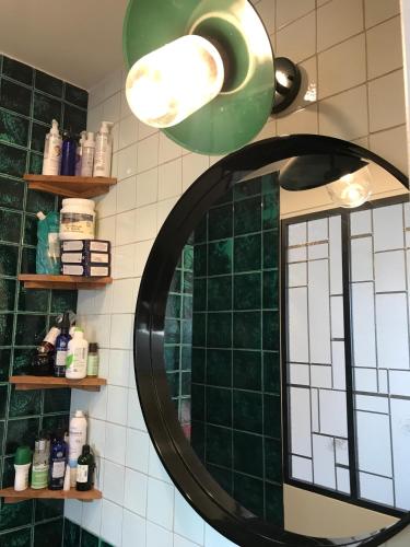 La salle de bains est pourvue d'un miroir et d'un mur vert. dans l'établissement Le Nid D'Aigle, à Paris
