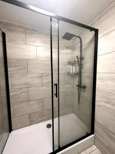 a shower with a glass door in a bathroom at Apartment in Greenwich in London