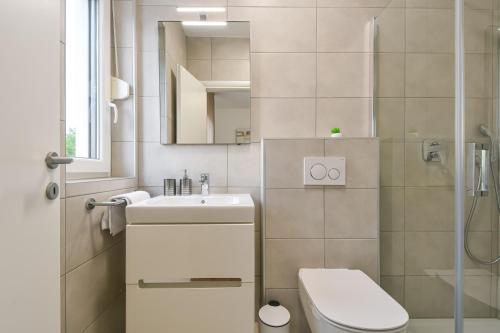 bagno con lavandino, servizi igienici e specchio di Villa Insula a Linardići