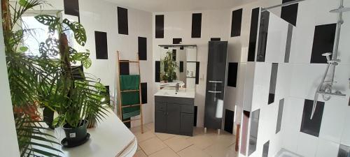 La salle de bains est pourvue d'un lavabo, d'un miroir et de plantes. dans l'établissement Maison spacieuse avec piscine et jardin, à Hourtin
