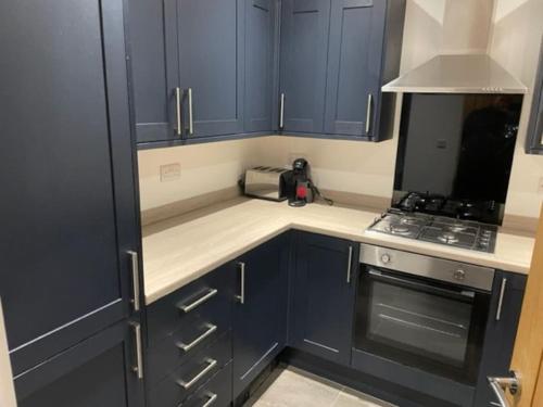 a kitchen with blue cabinets and a stove top oven at Immaculate house in Doncaster 2 in Doncaster