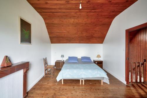 a bedroom with a bed and a wooden ceiling at Pays bigouden - Charmante maison en pierre pour 6 in Tréffiagat