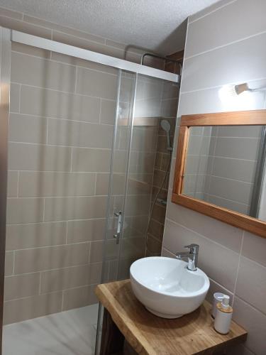 W łazience znajduje się umywalka i prysznic. w obiekcie Appartement 4 personnes en résidence w mieście Esquièze - Sère