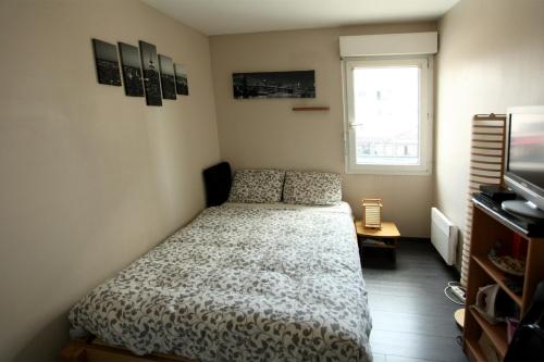 ein kleines Schlafzimmer mit einem Bett und einem Fenster in der Unterkunft Cosy Appt aux portes de Paris in Vitry-sur-Seine