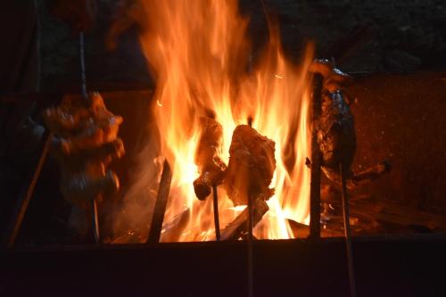 fuego en una chimenea con llamas en VISWAMURTI RESORTS, en Chālsa Mahābāri