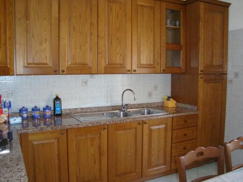 eine Küche mit Holzschränken und einem Waschbecken in der Unterkunft Villa Leonardo in Ischia