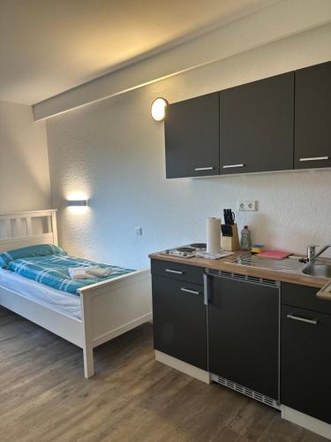 Habitación con cama y cocina con fregadero en Ferienwohnung & Zimmer en Olpe