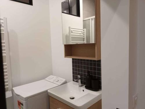 - une petite cuisine avec un évier et un miroir dans l'établissement Appartement - Paris 20, à Paris