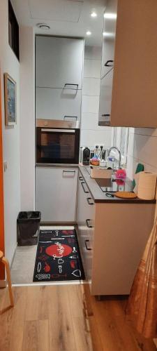 Il comprend une cuisine équipée d'un four et de plaques de cuisson. dans l'établissement Appartement - Paris 20, à Paris