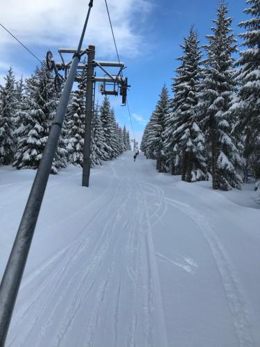 a ski lift in the snow with snow covered trees at chata Školička in Horni Misecky