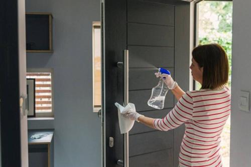 a woman is cleaning a door with a spray bottle at Downtown Dunedin! 2 bedroom 2 bath NO KIDS, NO PETS in Dunedin