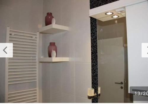 ein Badezimmer mit zwei Vasen auf Regalen und einem Spiegel in der Unterkunft Andrea in Banja Luka