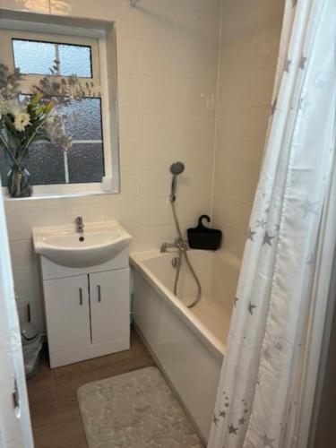 łazienka z umywalką, wanną i zasłoną prysznicową w obiekcie Clarke's AirBnB w mieście Worthing