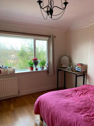 a bedroom with a bed and a window with potted plants at Cozy Two Bedroom Apartment in London