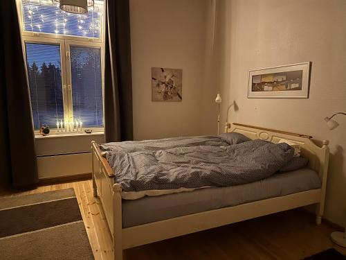 een bed in een kamer met een raam en een bed sidx sidx sidx bij Liepeen pappila in Pudasjärvi