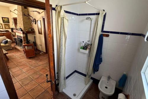 y baño con ducha y aseo. en Casa rural de encanto en plena Serranía de Ronda, en Ronda