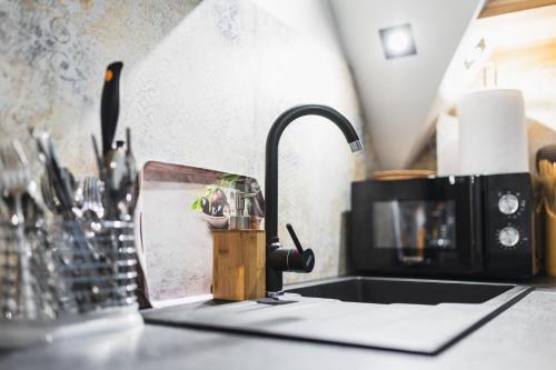 a kitchen counter with a sink and a microwave at Willa na Skarpie in Kościelisko
