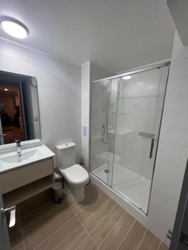 La salle de bains est pourvue d'une douche, de toilettes et d'un lavabo. dans l'établissement Depto 2D 2B 6 pax By Terrabahia, à Bahia Inglesa