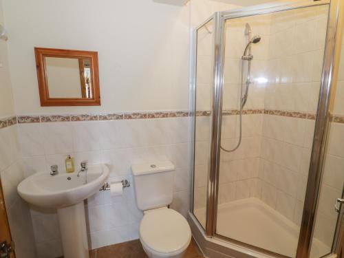 een badkamer met een douche, een toilet en een wastafel bij The Hereford Lodge in Stafford