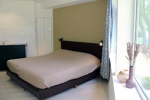 a bedroom with a bed and a window at Eco Lodge Drenthe in Valthe