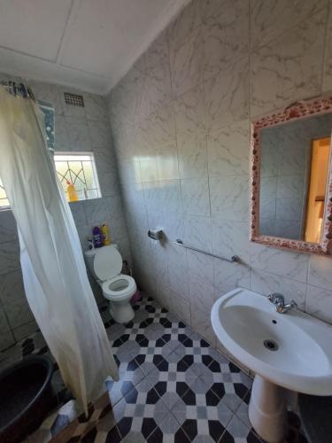 uma casa de banho com um lavatório, um WC e um espelho. em Town Centre Apartment em Livingstone