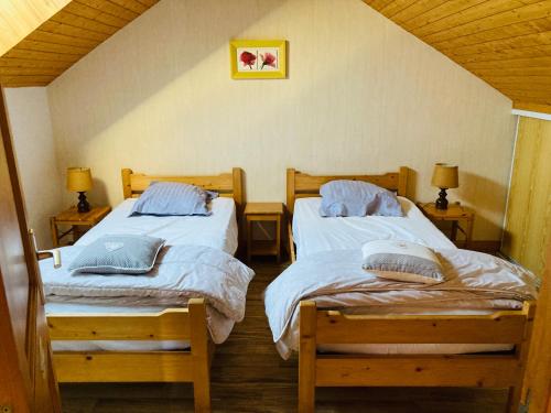 2 Betten in einem Zimmer mit 2 Tischen und 2 Lampen in der Unterkunft Les Ribambelles in Puy-Saint-Vincent
