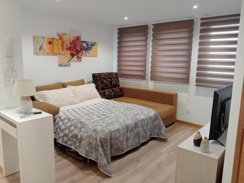 a bedroom with a bed and a couch and a tv at Mirador Porta da Vila, Noia in Noya