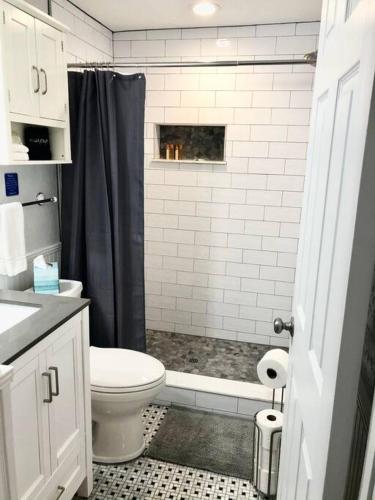 a white bathroom with a toilet and a shower at In the Heart of Downtown Dunedin One Bedroom Apt NO KIDS, NO PETS in Dunedin