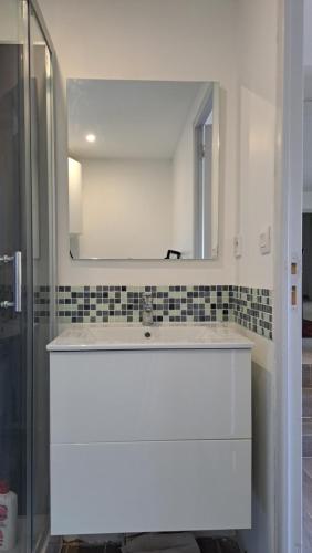 uma casa de banho com um lavatório branco e um espelho. em STUDIO tout équipé ISLE SUR LA SORGUE em LʼIsle-sur-la-Sorgue
