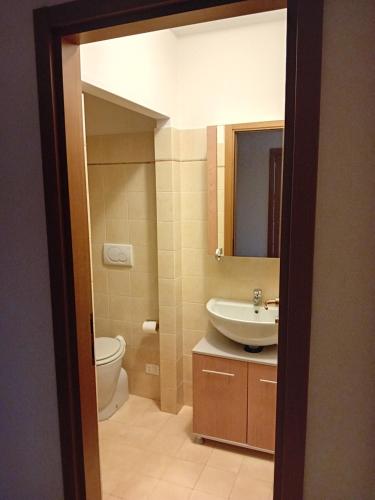 a bathroom with a sink and a toilet and a mirror at Casa rosa in Arezzo