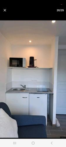 une cuisine avec un évier et un micro-ondes dans l'établissement STUDIO tout équipé avec parking ISLE SUR LA SORGUE, à LʼIsle-sur-la-Sorgue