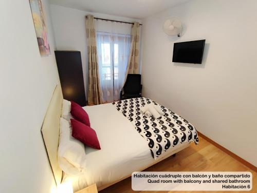 a bedroom with a large bed with red pillows at Madrid Centro Rooms in Madrid
