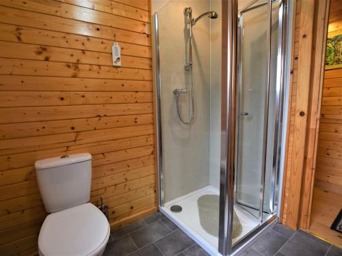 a bathroom with a shower and a toilet at 3 Bed in Fort William CABIN in Glenfinnan